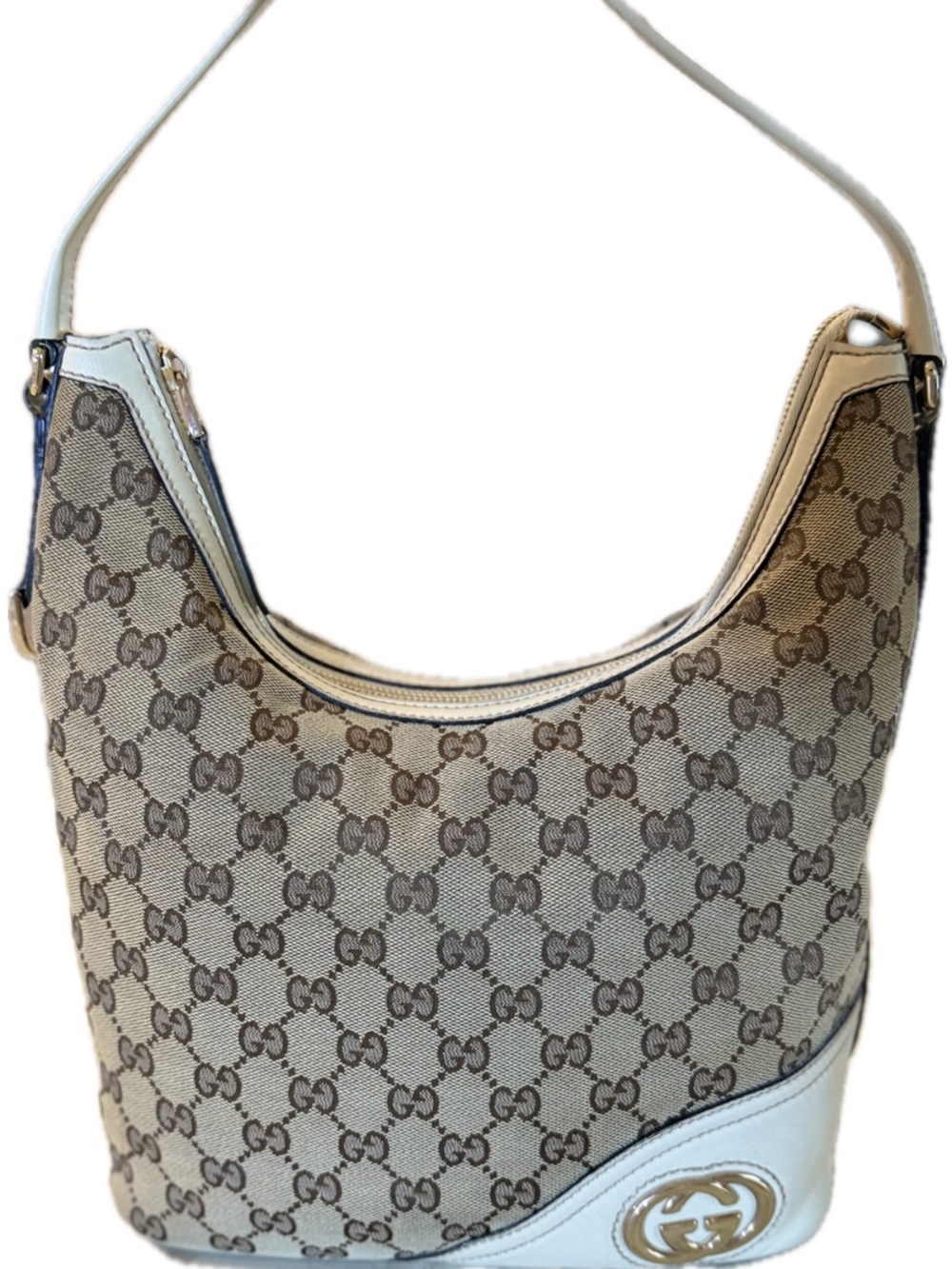 Gucci New Britt Hobo Bag GG Monogram Canvas White Leather Trim Authentic